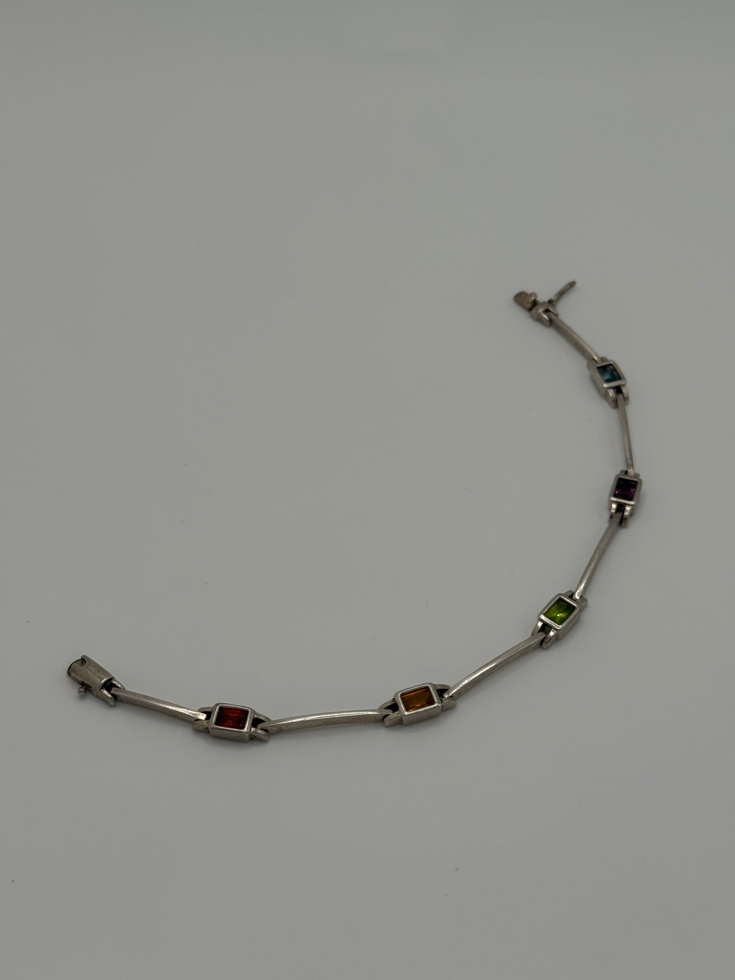 .925 Sterling Silver Multicolor Gemstone Bar Link Bracelet 7”
