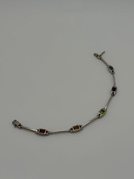 .925 Sterling Silver Multicolor Gemstone Bar Link Bracelet 7”