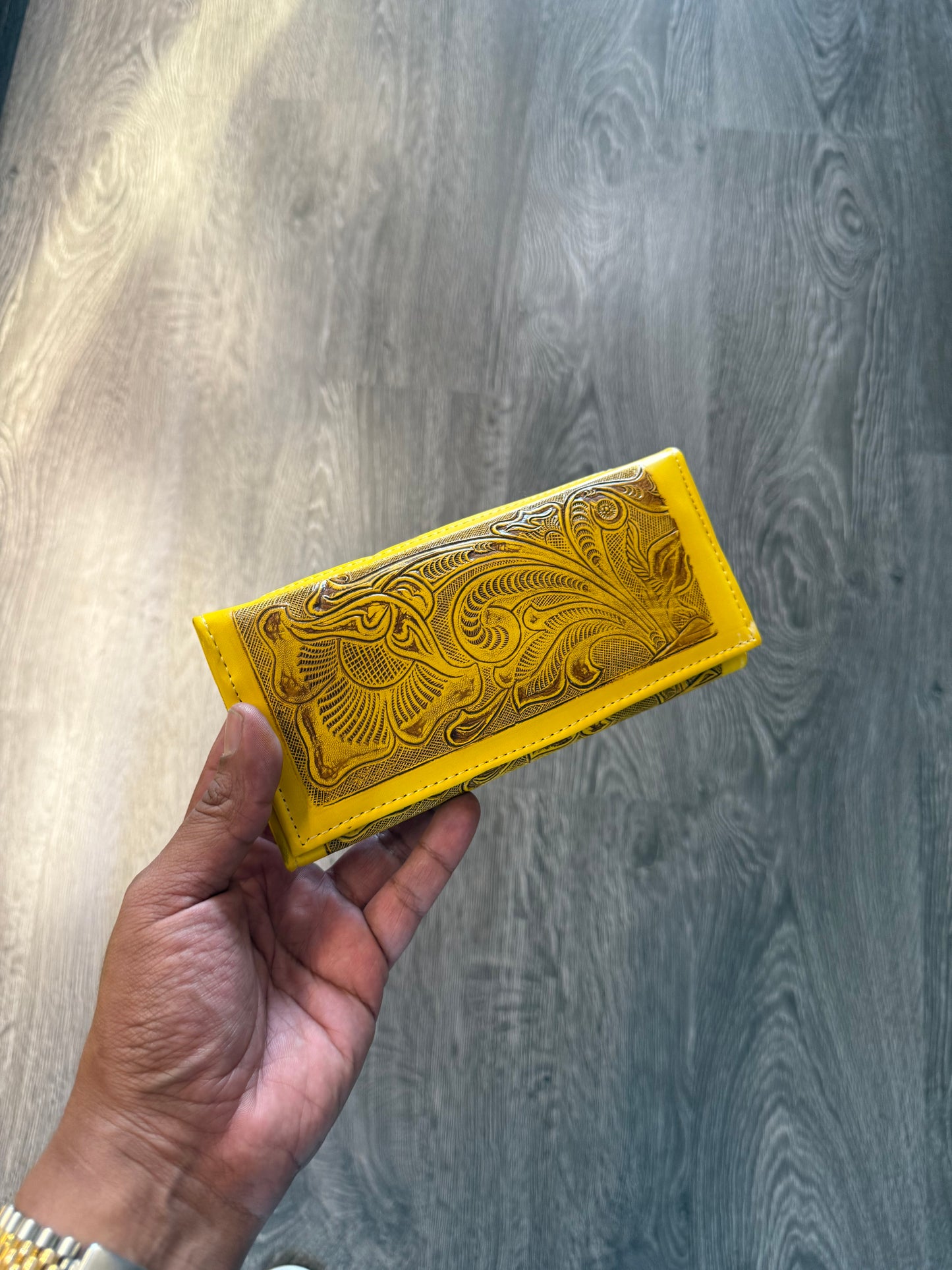 Yellow leather wallet tri-fold