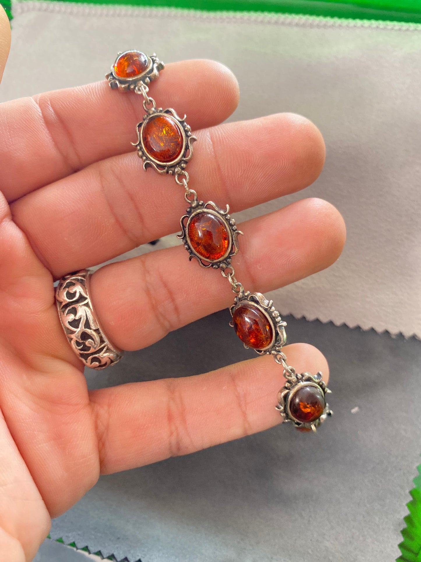 .925 Sterling Silver Amber Floral Link Bracelet Sz 7.5”