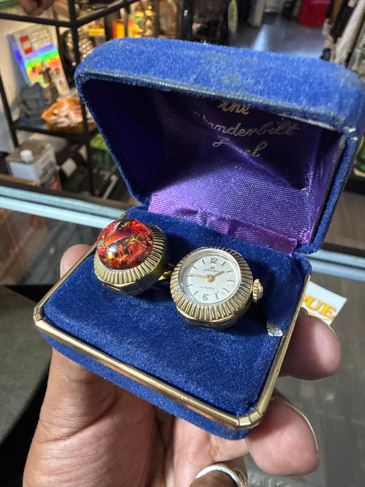 Vintage windup Bucherer Fluted Cufflinks Watch and amber stone