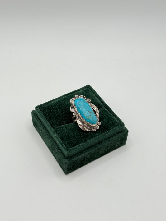 .925 Sterling Silver Navajo Turquoise Leaf Shadowbox Ring Sz. 6