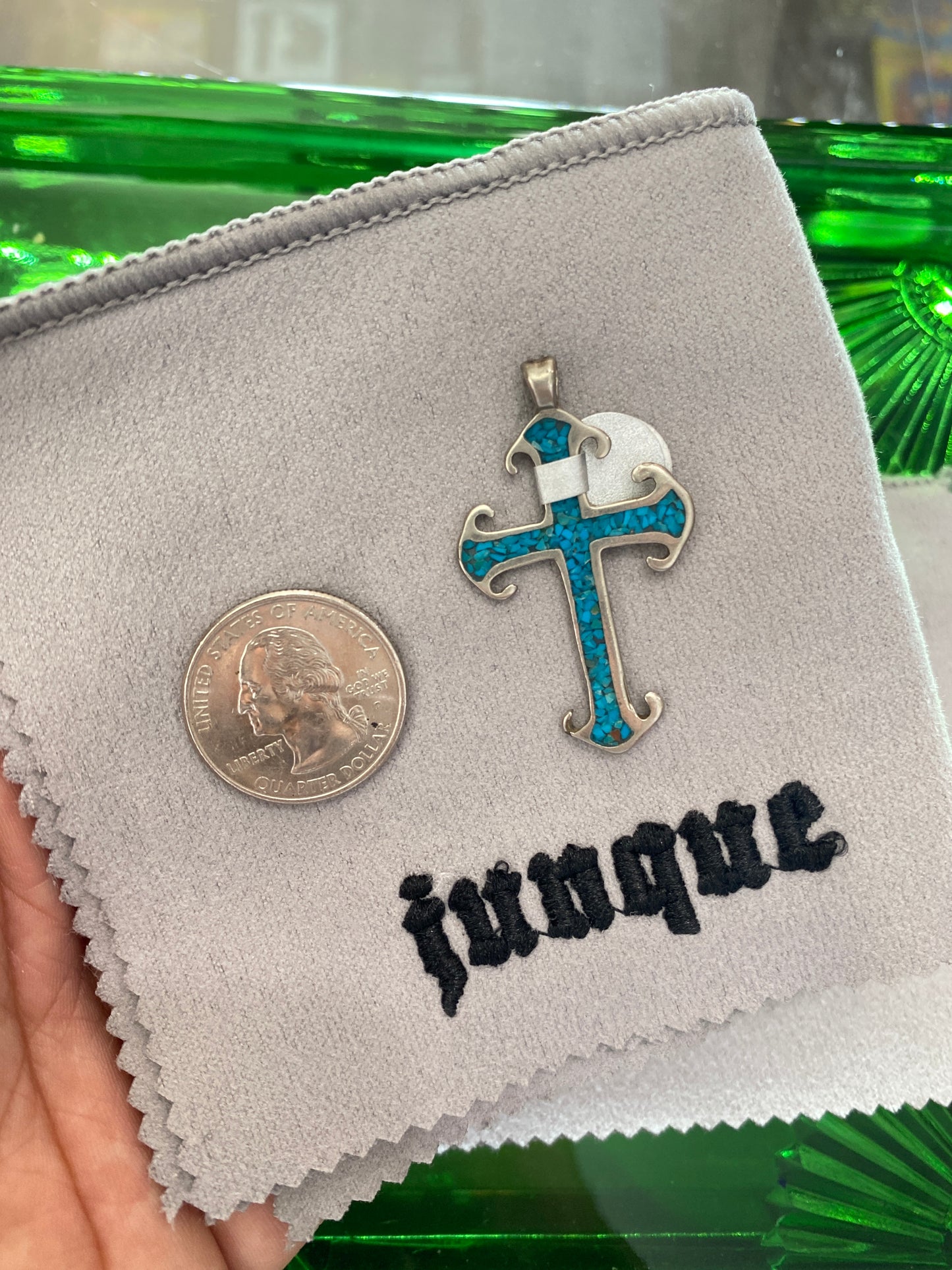 .925 Sterling Silver Flat Turquoise Cross Pendant
