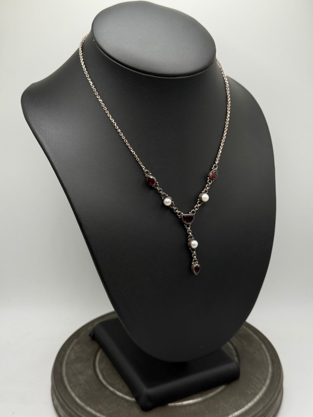 .925 Sterling Silver Garnett & Pearl Y-Drop Necklace – Vintage 16”