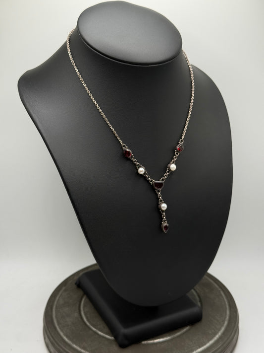 .925 Sterling Silver Garnett & Pearl Y-Drop Necklace – Vintage 16”