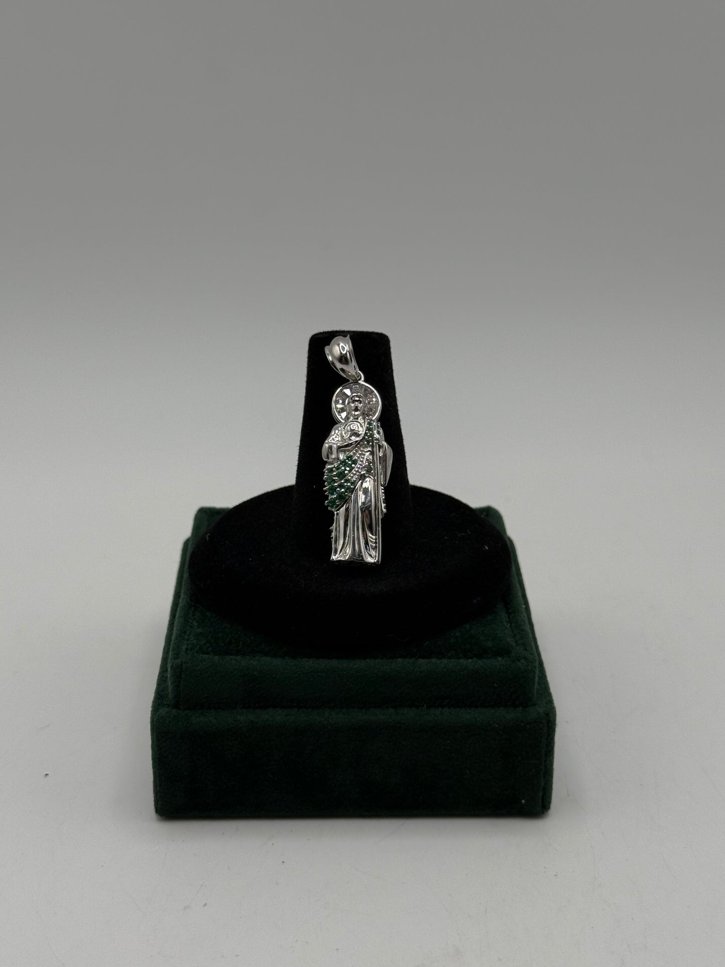 .925 Sterling Silver San Judas CZ Green pendant 1.5”