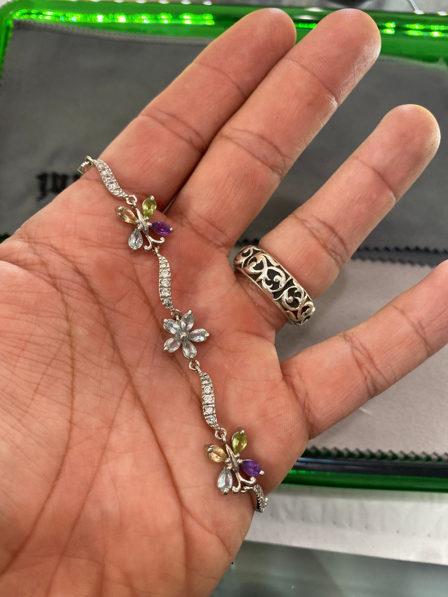 .925 Sterling Silver Heart Gemstone Flower Link Multi Collr Bracelet 7.5”
