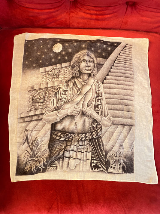 Vintage Prison Art Lady Senora Aztec Pyramid Mexico Mexican Pen On Bandana Handmade Artwork