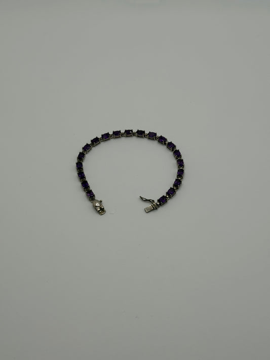 .925 Sterling Silver Amethyst Tennis Style Bracelet 7”