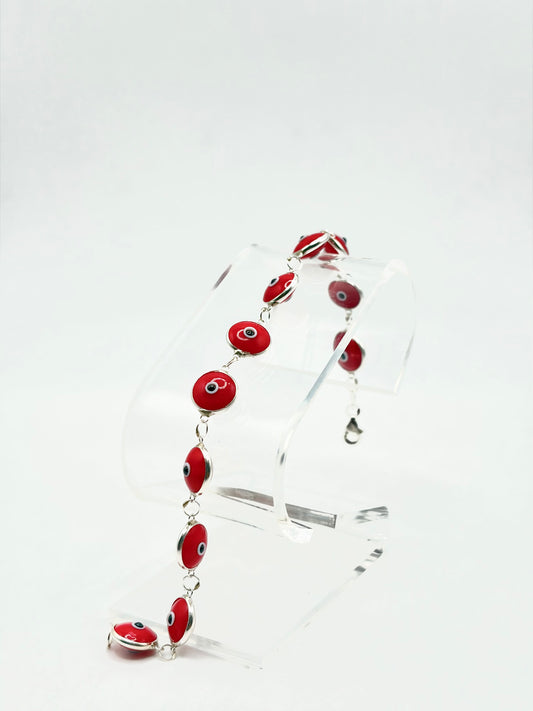 .925 Sterling Silver Evil Eye Bracelet Red 7in