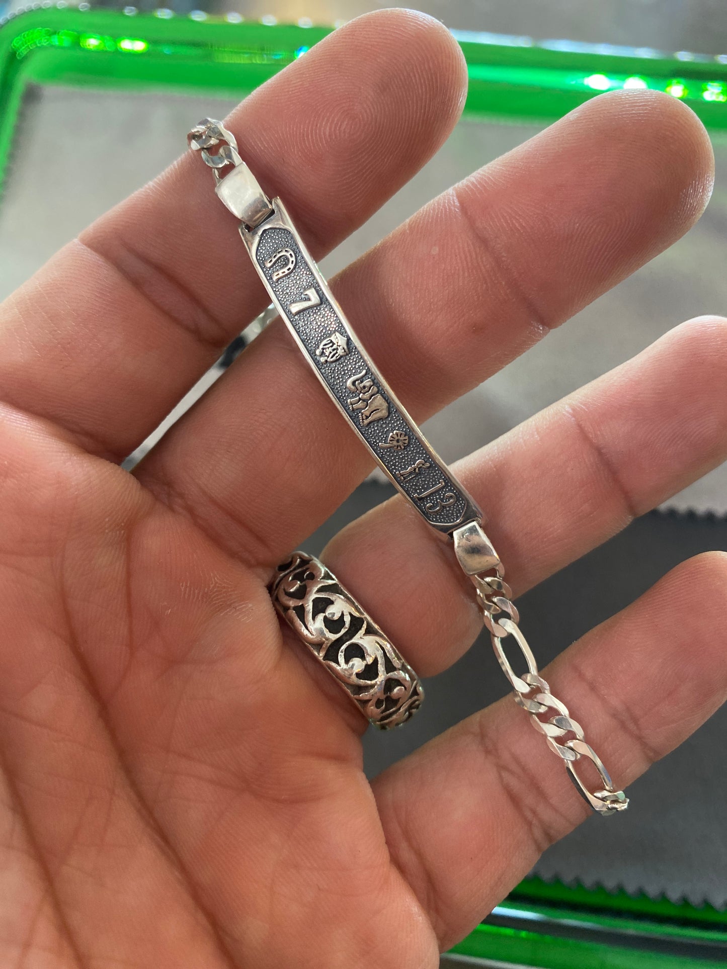 .925 Sterling Silver Figaro Lucky Charm ID Bracelet Sz 6.5”