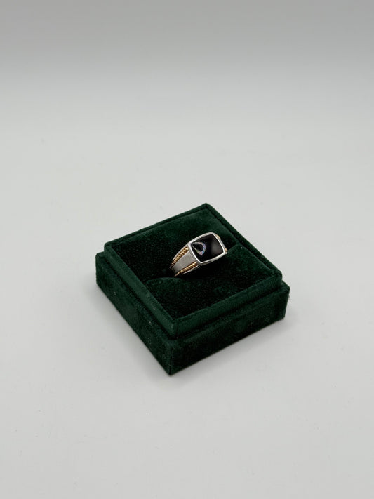 .925 Sterling Silver Black Onyx Rectangular Signet Ring (Two-Tone Style) Sz. 10