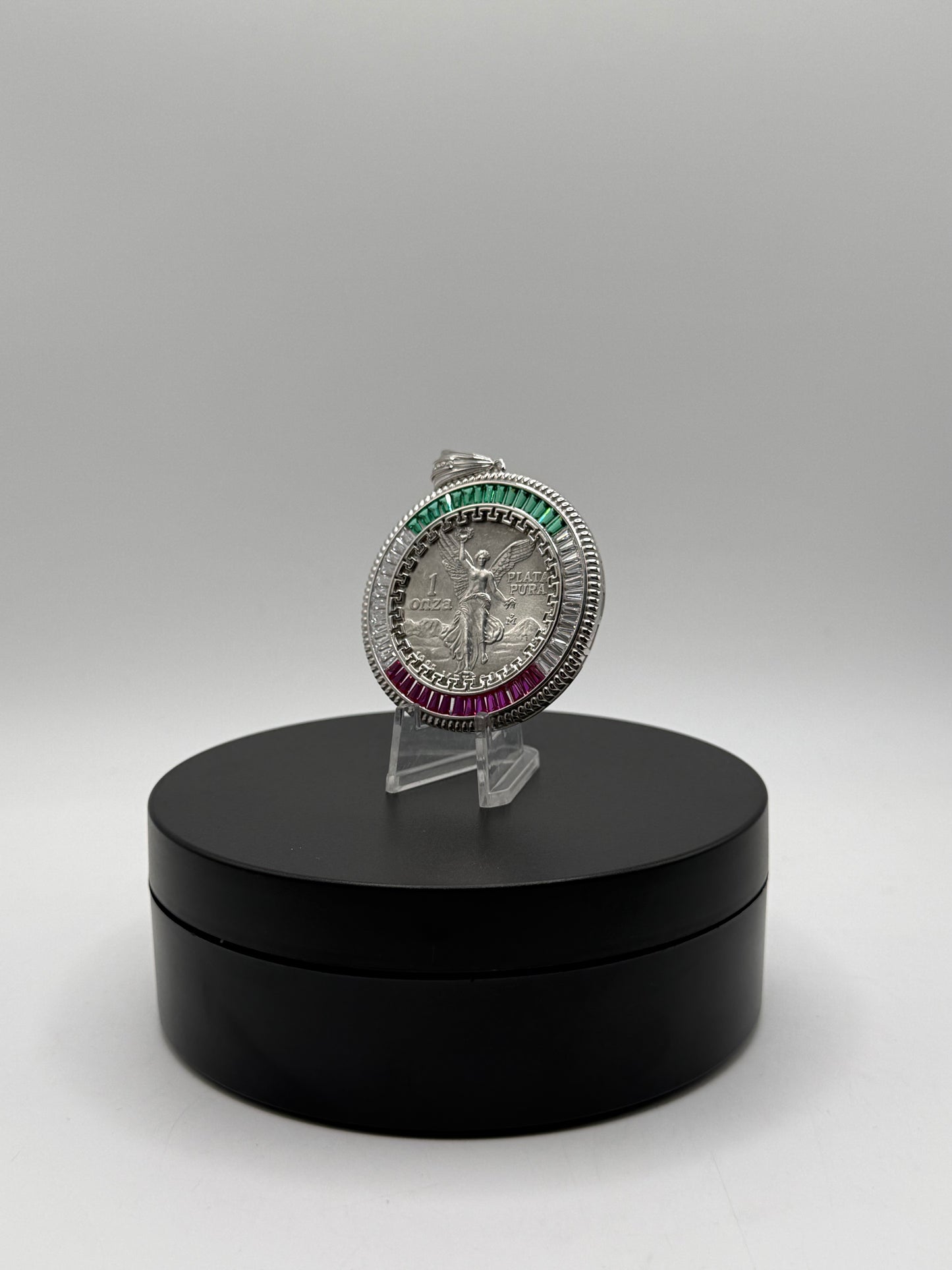 .999 Pure Silver Centenario with Sterling silver Red Green Diamond CZ bezel