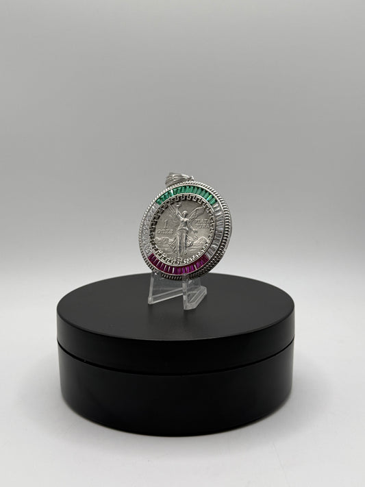.999 Pure Silver Centenario with Sterling silver Red Green Diamond CZ bezel