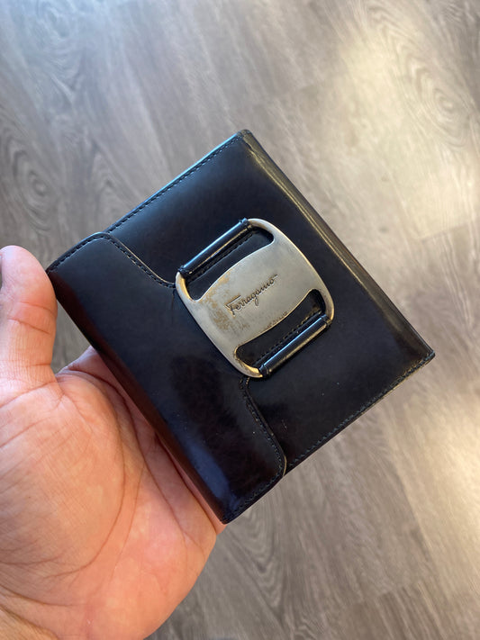 Vintage Ferragamo Silver Buckle Bi Fold Wallet Black