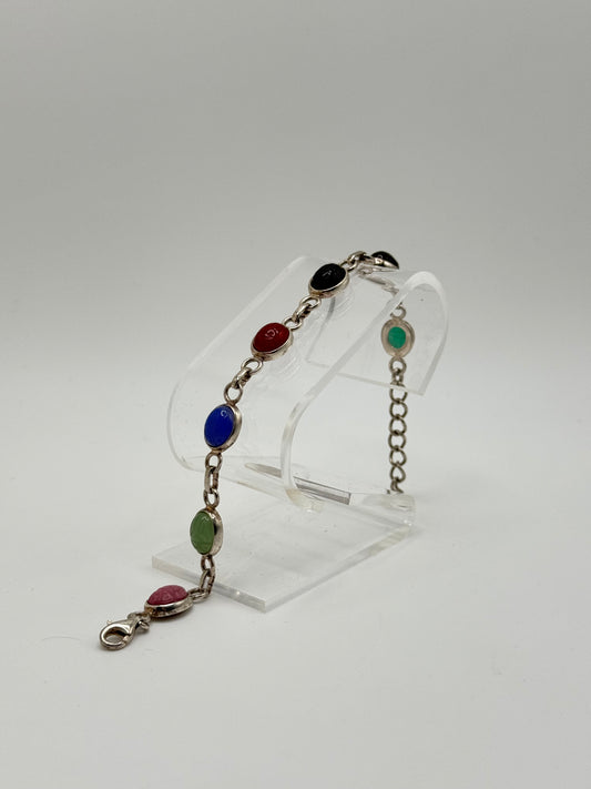 .925 Sterling Silver Beaded Link Bracelet with Colorful Stones 8.5in