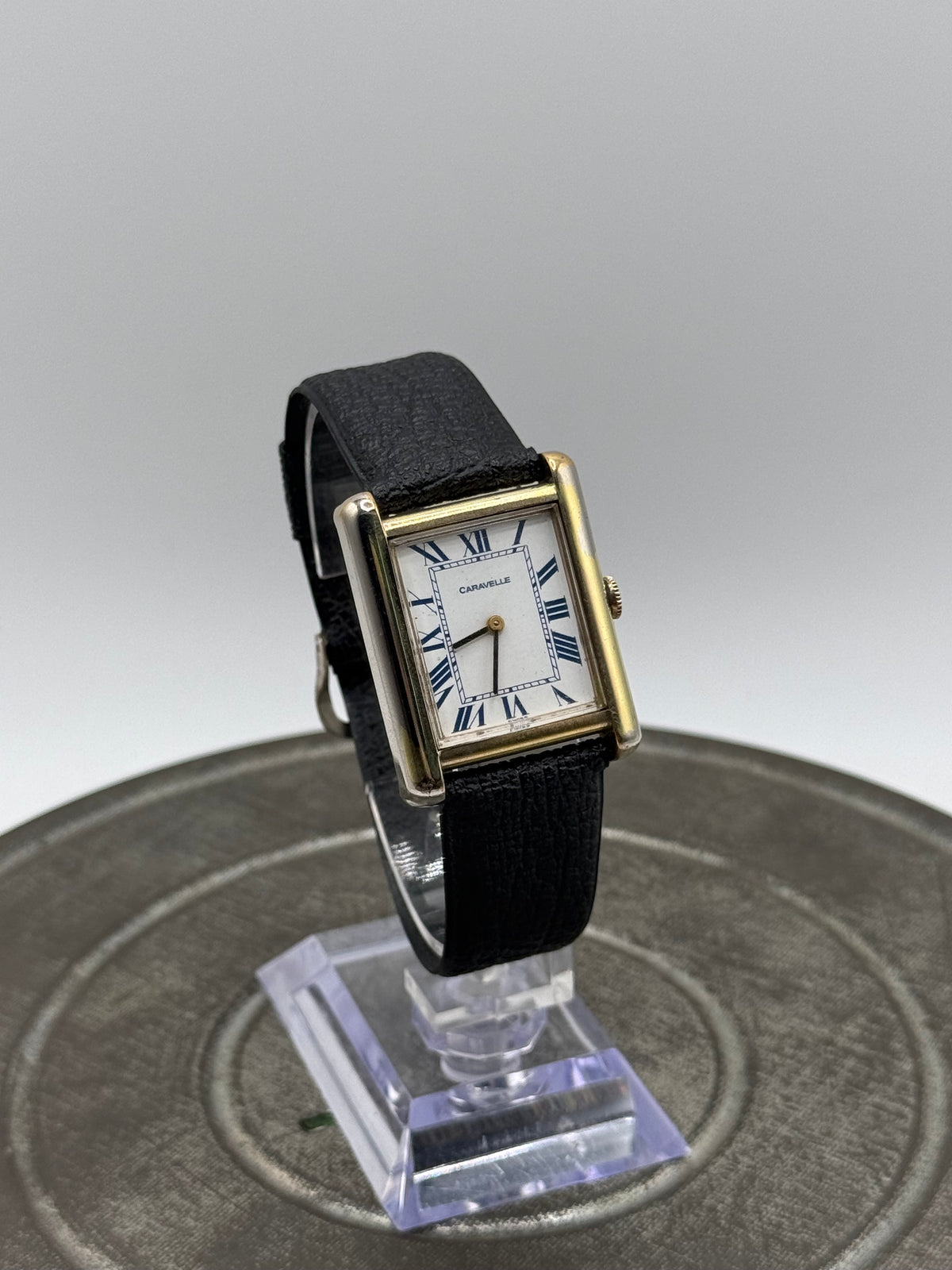 Vintage Caravelle Tank – White Roman Numeral Dial, Gold Tone Case, Windup