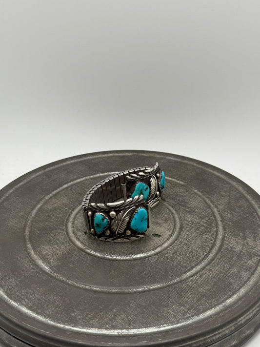 Vintage Southwestern Style Turquoise Stone Cuff Bracelet – .925 Sterling Silver Leaf Design, Expansion Watch Band