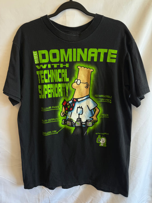 Vintage Dilbert ‘Dominate with Technical Superiority’ Graphic T-Shirt – Black Sz. L