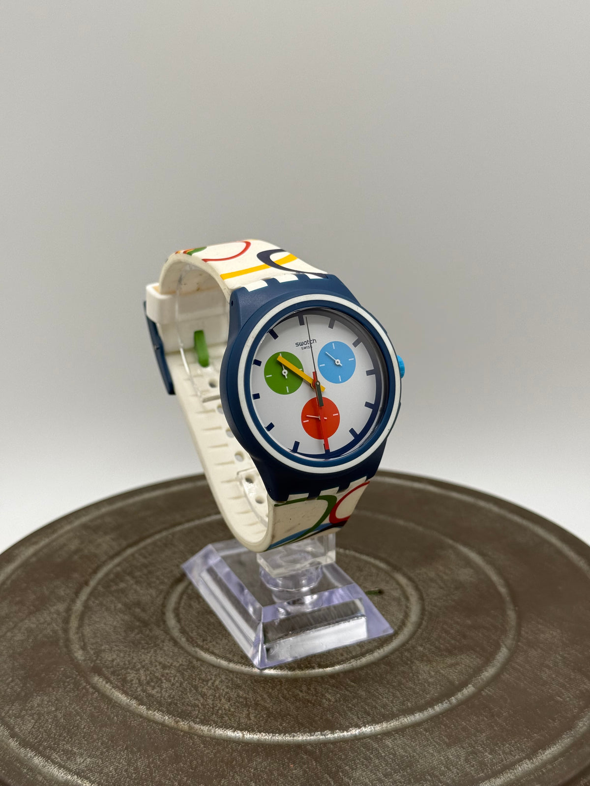 Swatch Swiss Multicolor Chronograph Watch with Blue Case & Graphic Strap Beijing Olympics