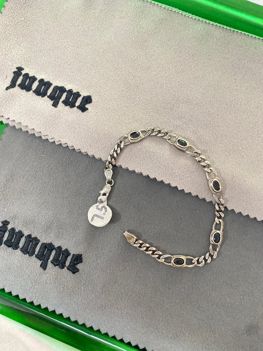 .925 Sterling Silver Onyx Figaro Link Bracelet Sz 7.5”