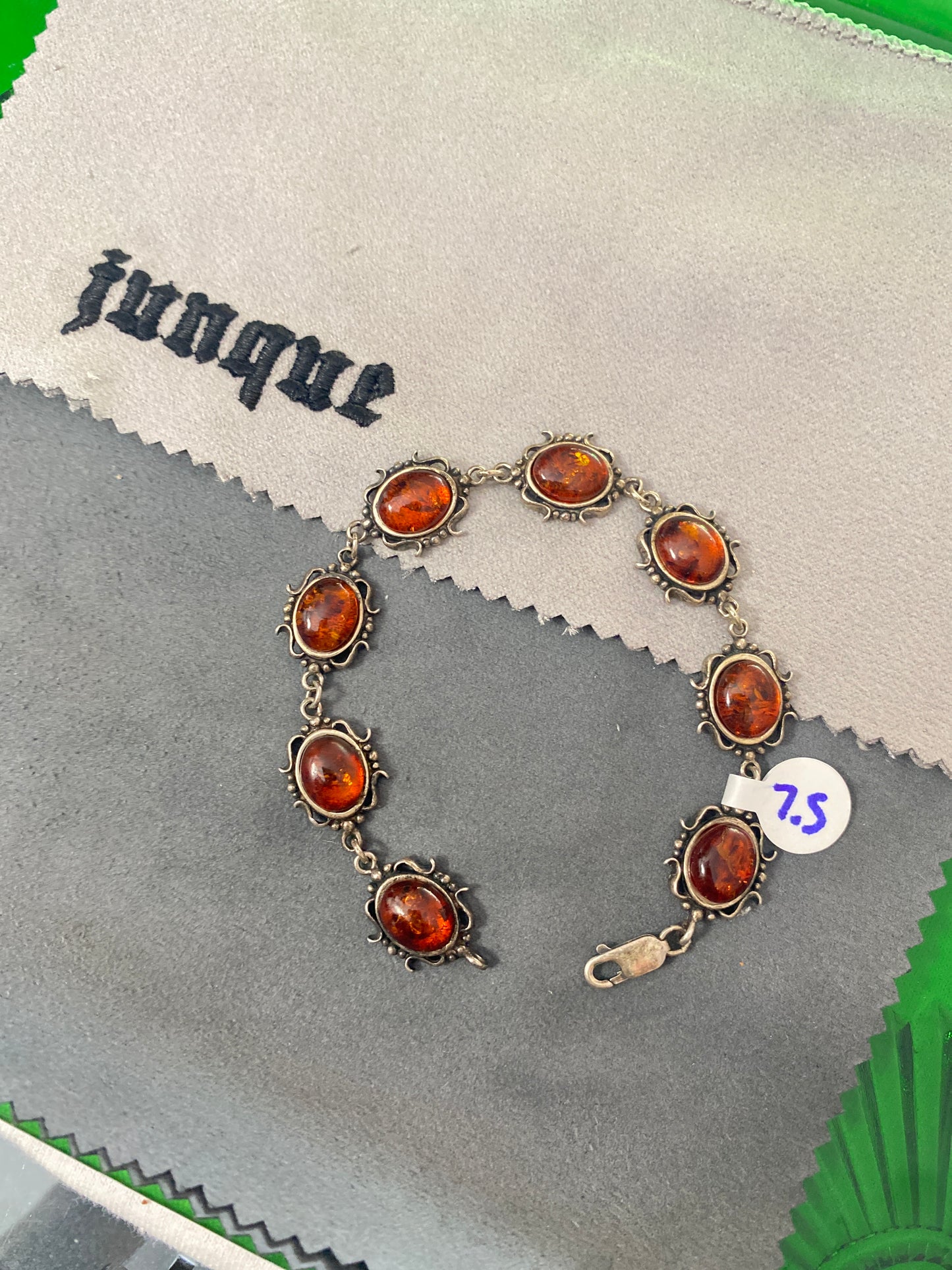 .925 Sterling Silver Amber Floral Link Bracelet Sz 7.5”