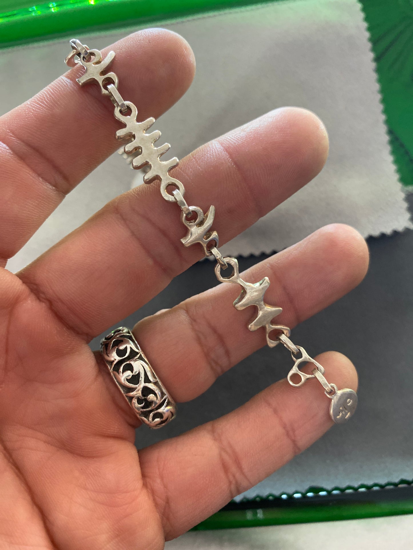 .925 Sterling Silver Fishbone Link Bracelet Sz 7.5”