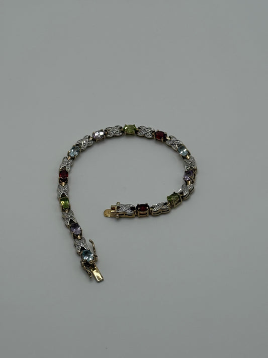 .925 Sterling Silver Multi Gemstone Link Bracelet (Amethyst Peridot Topaz Garnet) 7.5 “