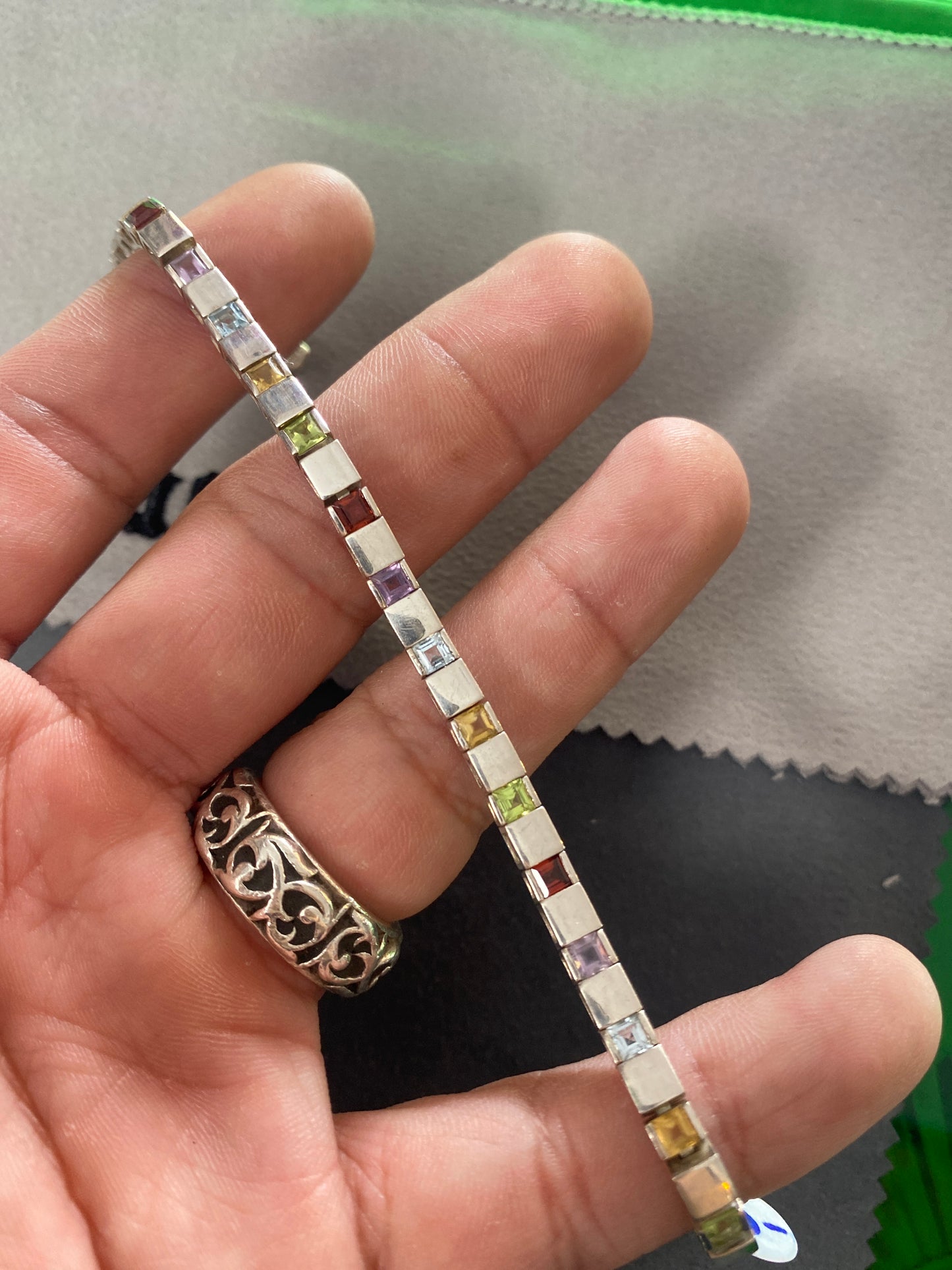.925 Sterling Silver Multi Gemstone box Link Bracelet Sz 7”