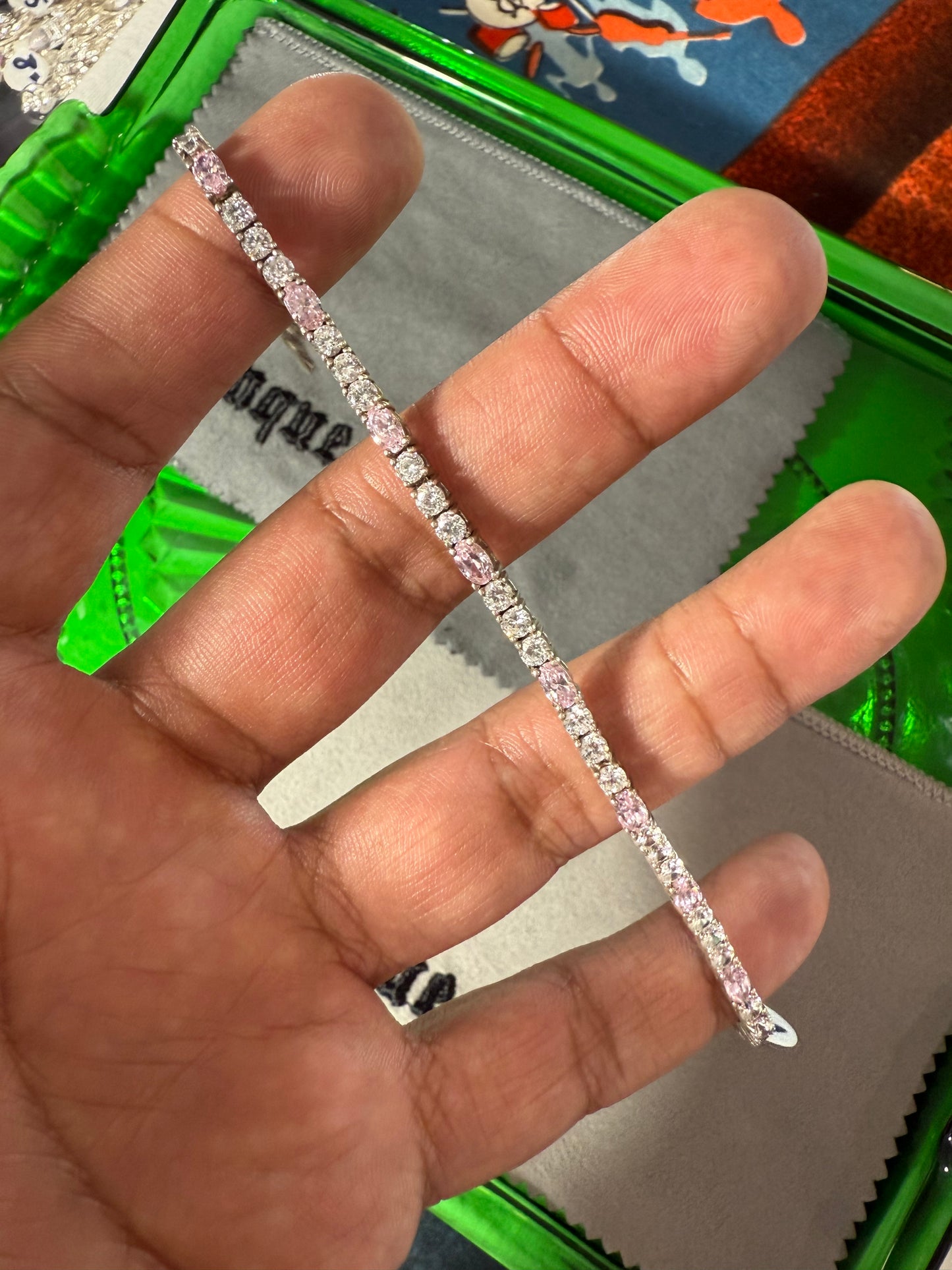 .925 Sterling Silver pink CZ bracelet 7.5”