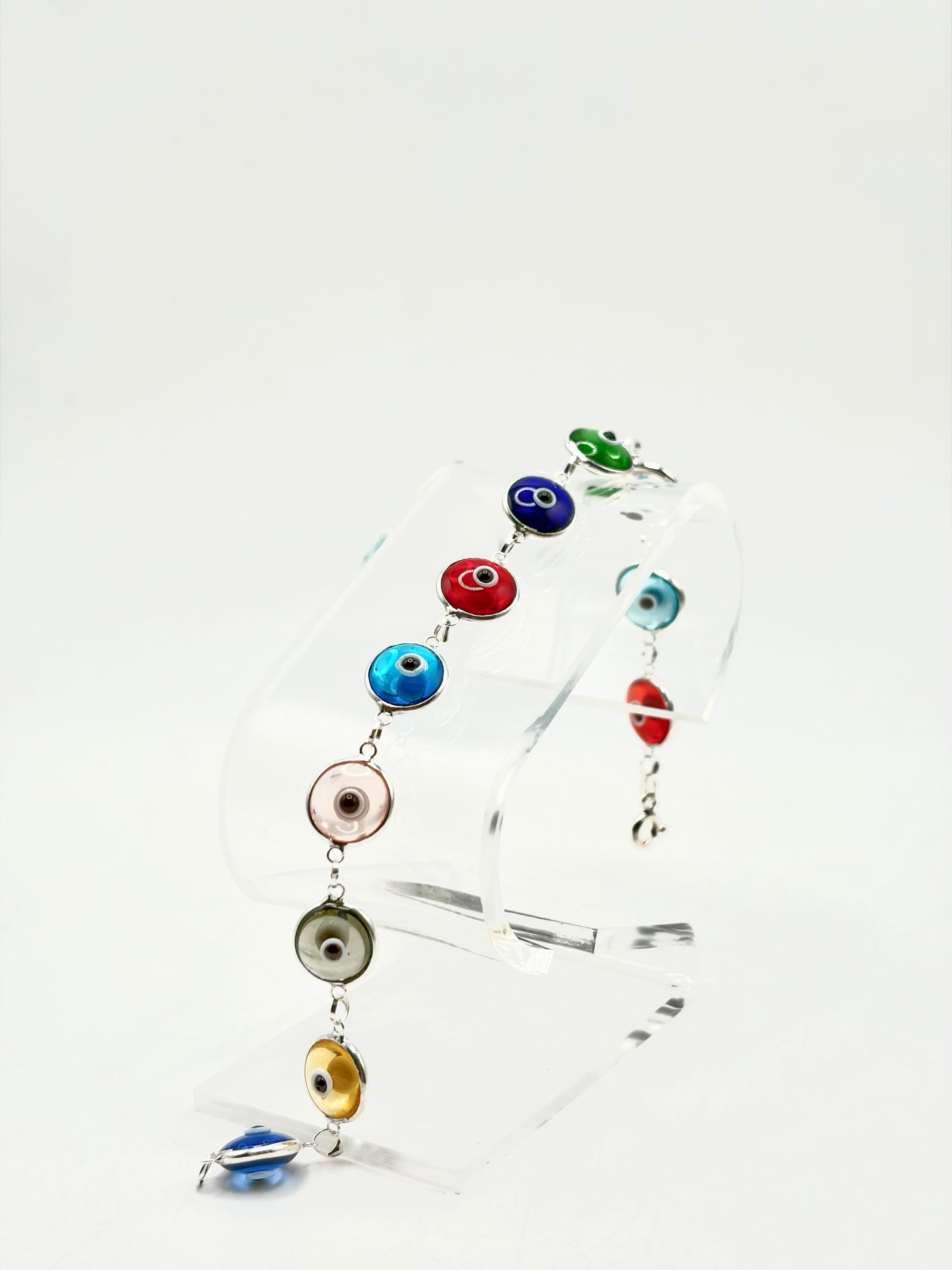.925 Sterling Silver Evil Eye Bracelet Multicolor Translucent 7in