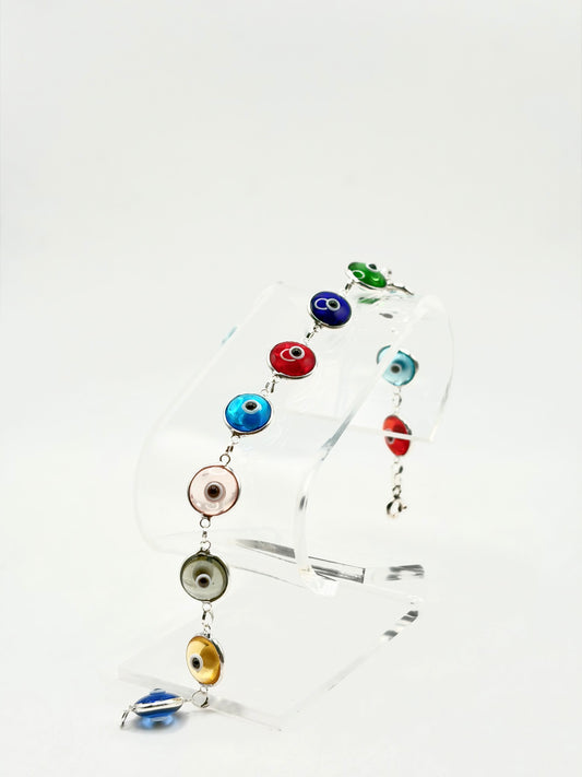 .925 Sterling Silver Evil Eye Bracelet Multicolor Translucent 7in