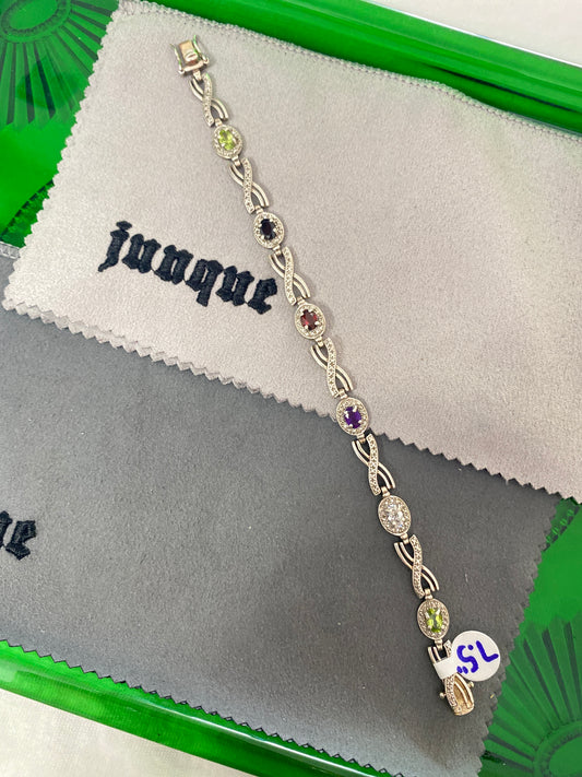 .925 Sterling Silver Multi Gemstone Studded Infinity Link Bracelet Sz 7.5”
