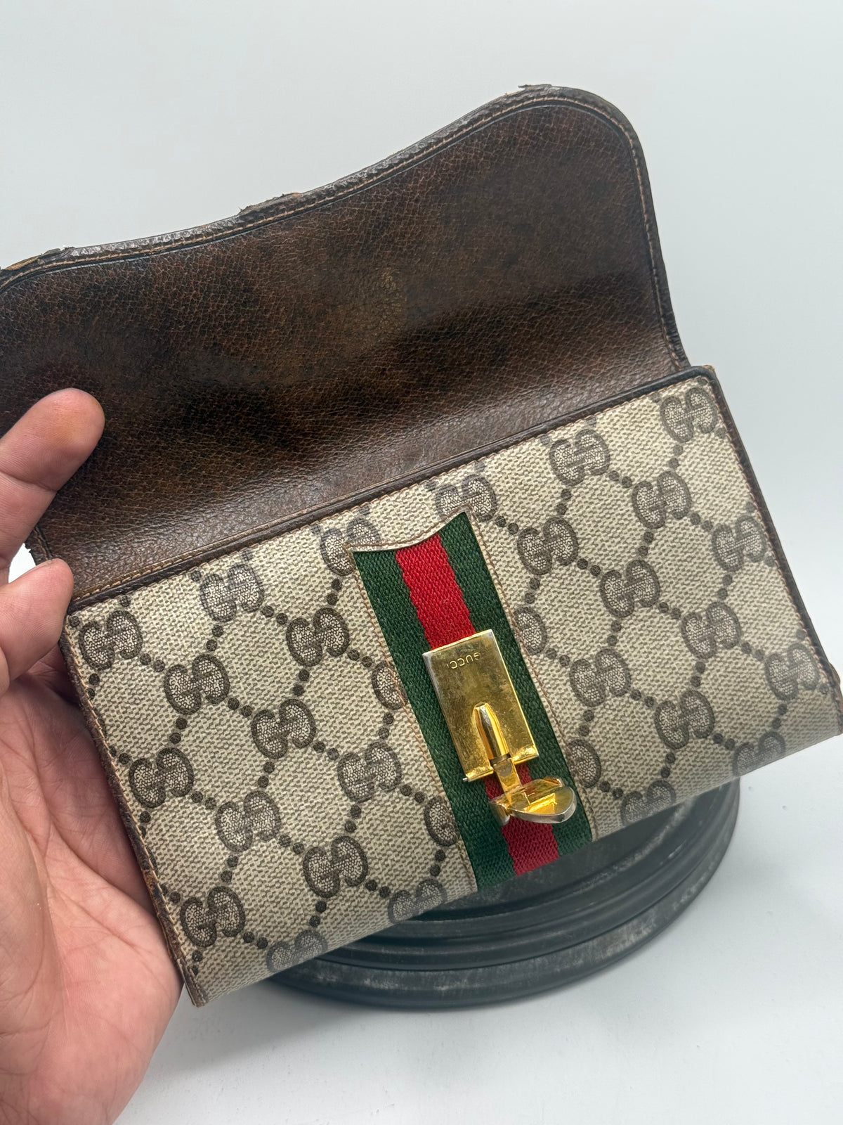 Vintage Gucci GG Monogram Web Stripe Buckle Clutch Bag