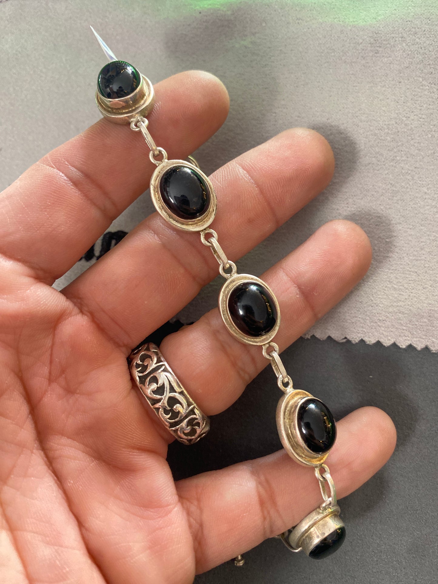 .925 Sterling Silver Onyx Oval Link Bracelet Sz 7.5