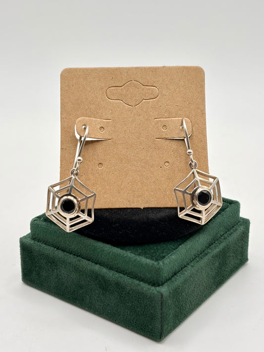 .925 Sterling Silver with Onyx Spider Web Earrings