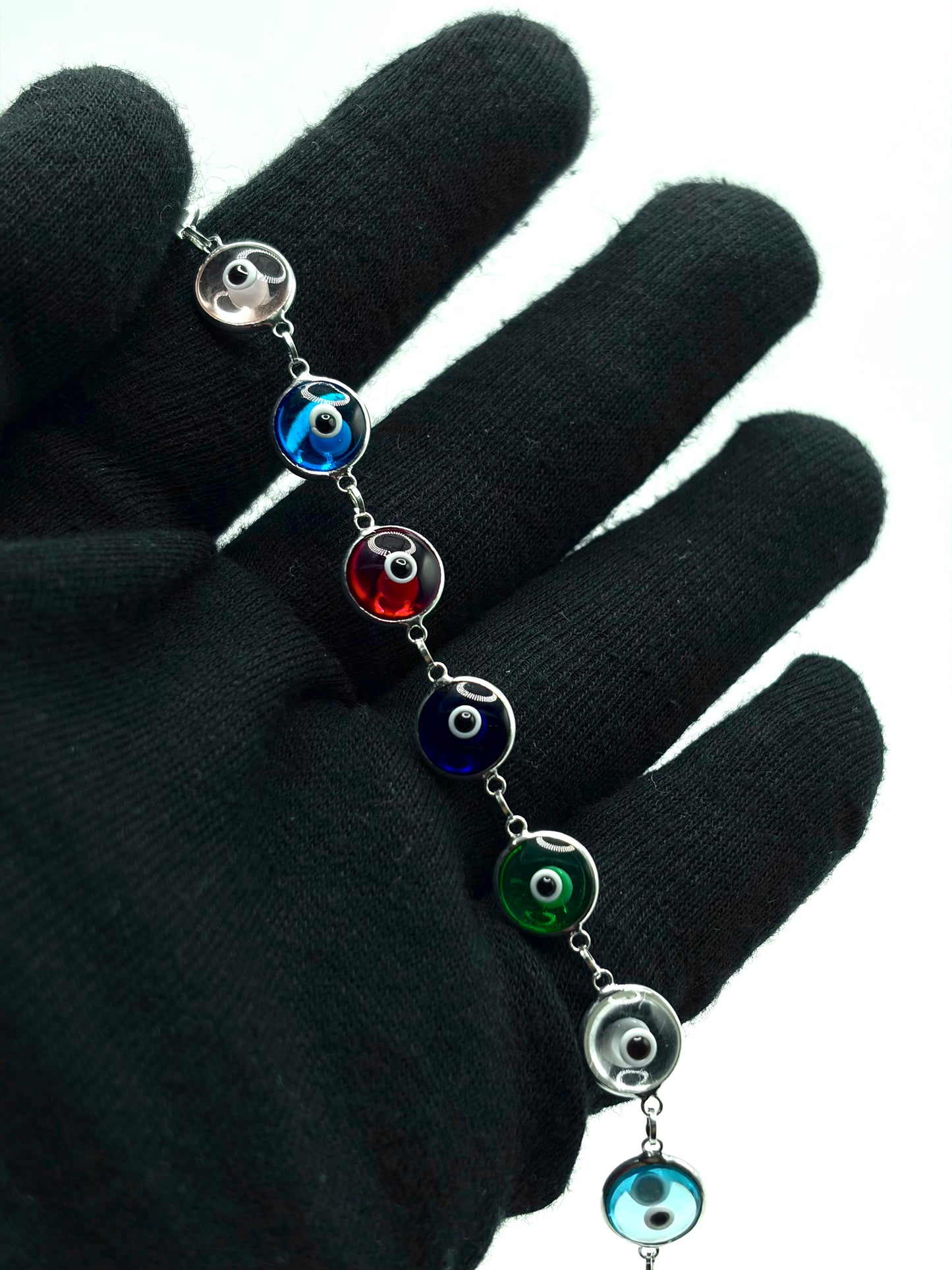 .925 Sterling Silver Evil Eye Bracelet Multicolor Translucent 7in