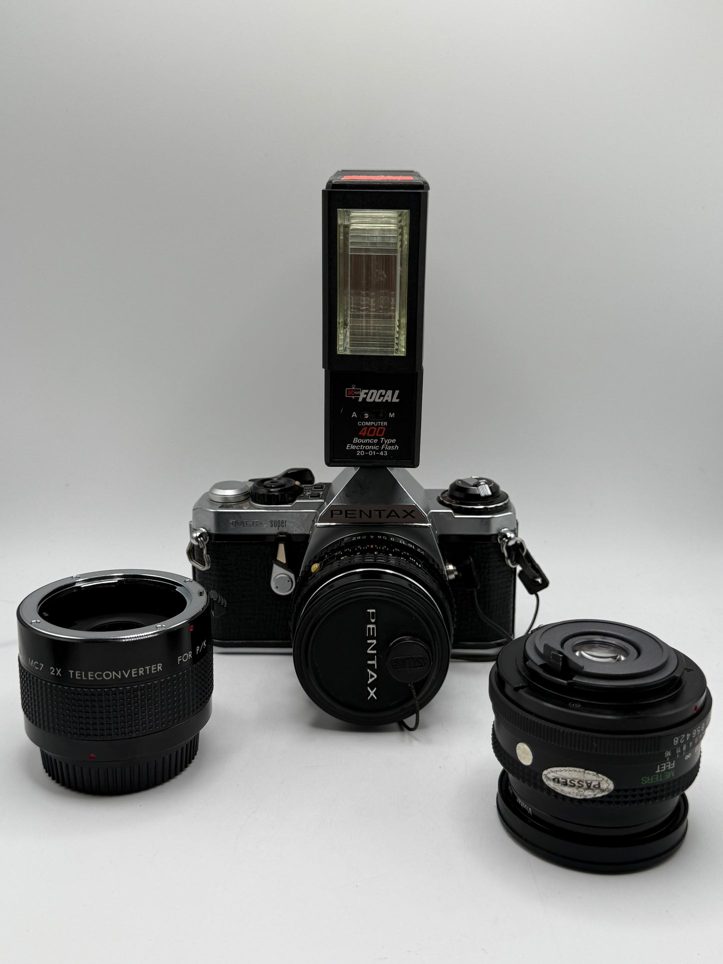 Pentax SLR Film camera with 2 Lenses X2 Lens Extension and Flash
