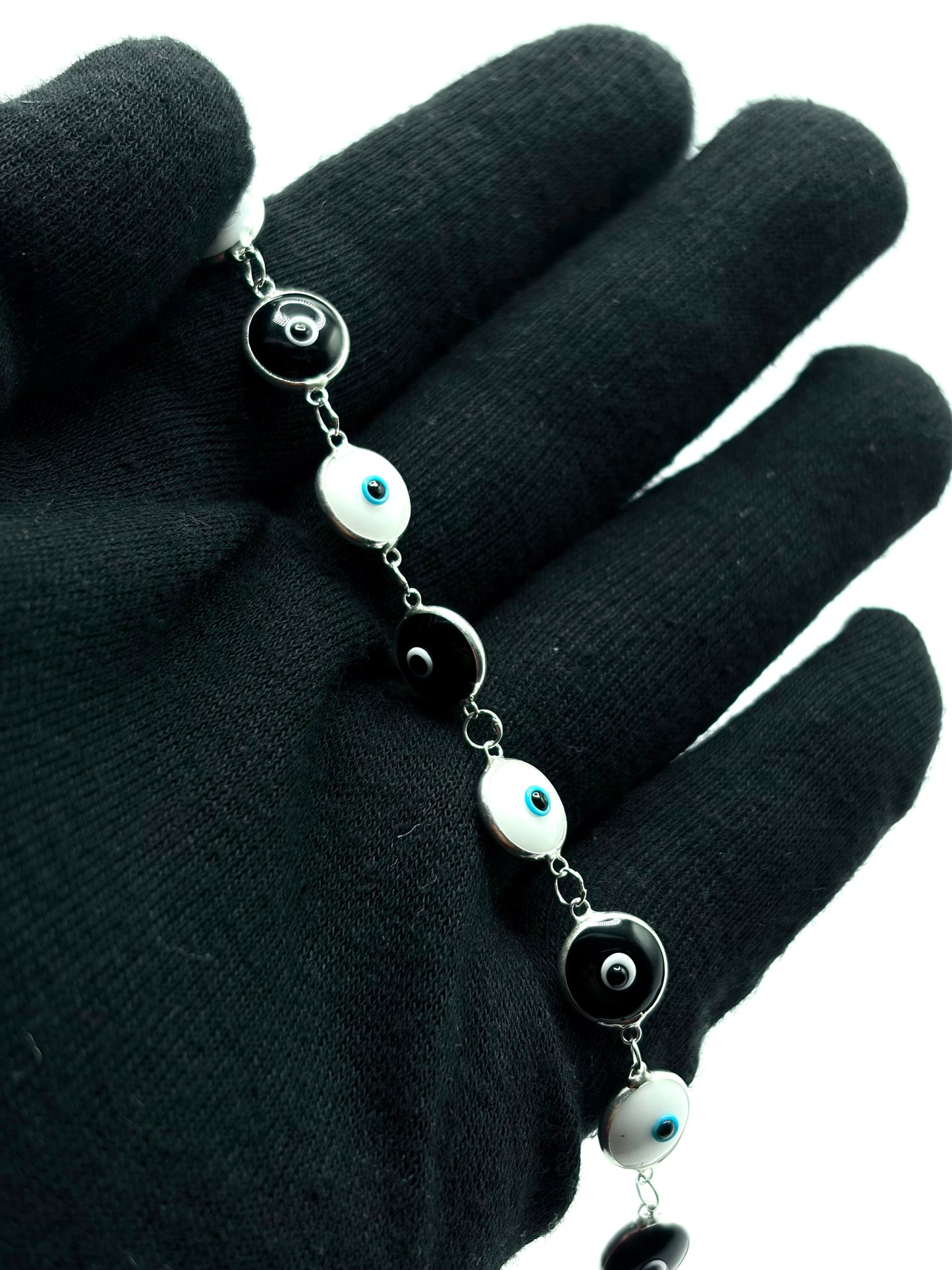 .925 Sterling Silver Evil Eye Bracelet Black and White Pattern 7in