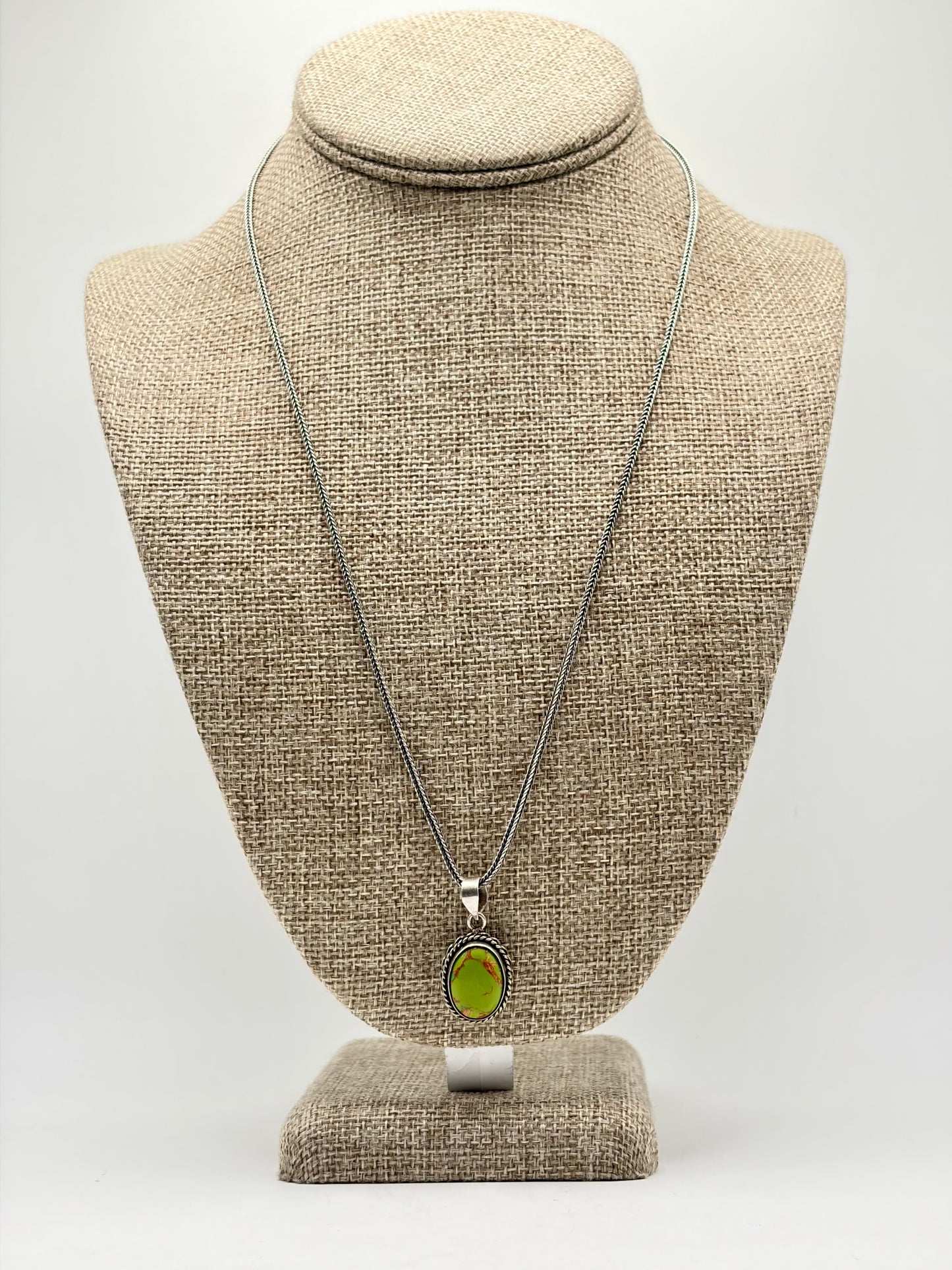 .925 Sterling Silver Herringbone Link Necklace with Green Stone Pendant 21”