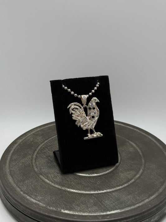 .925 Sterling Silver Rooster Gallo Pendant – CZ and Onyx Detailed Figural Design 1.75”