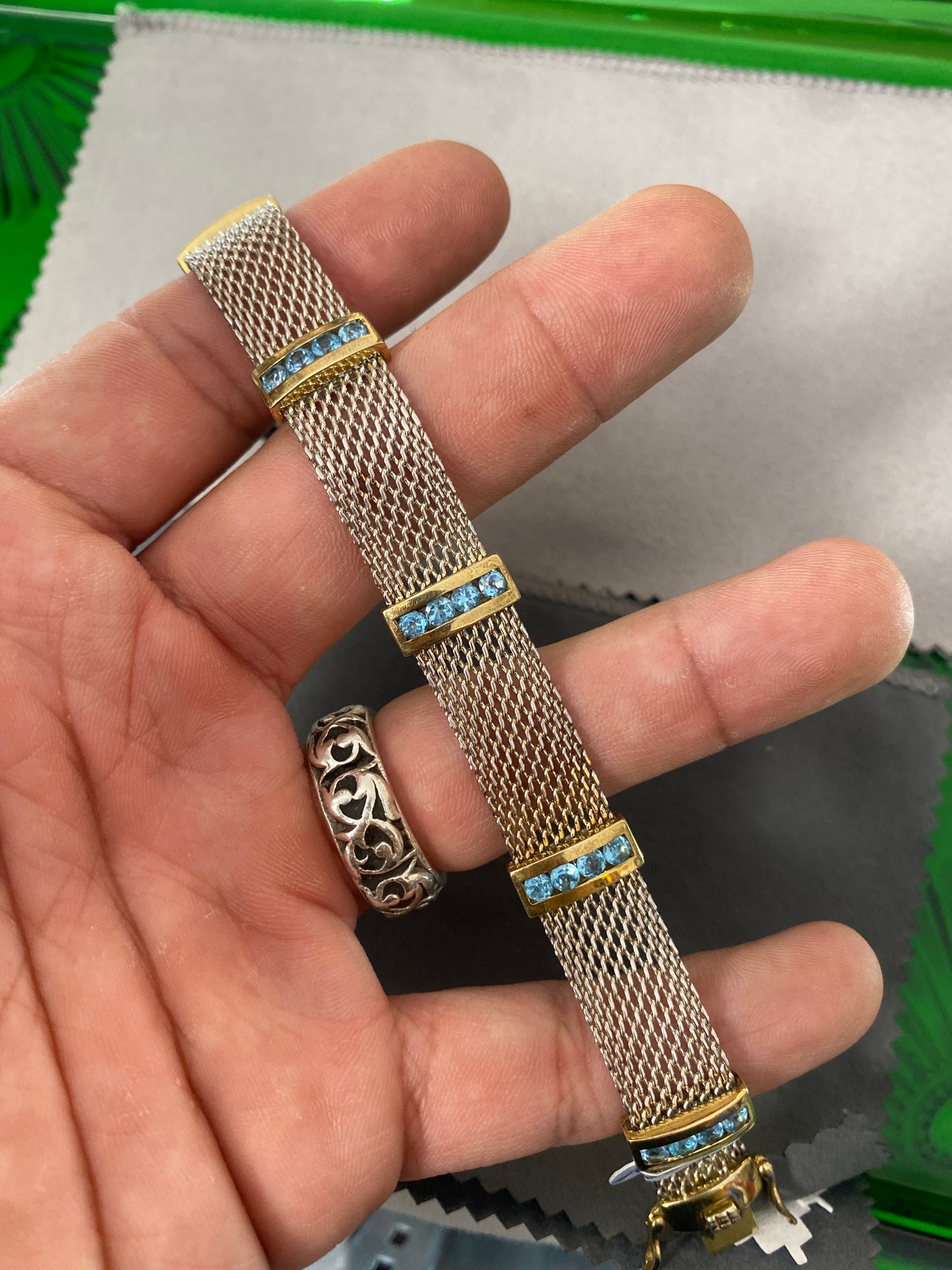 .925 Sterling Silver Weave Gold Tone Aqua Marine Bracelet Sz 7.5