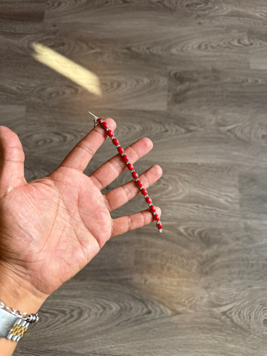.925 Sterling silver red coral gemstone bracelet 7”