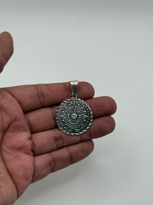 .925 Sterling Silver Aztec Calendar Medallion Pendant