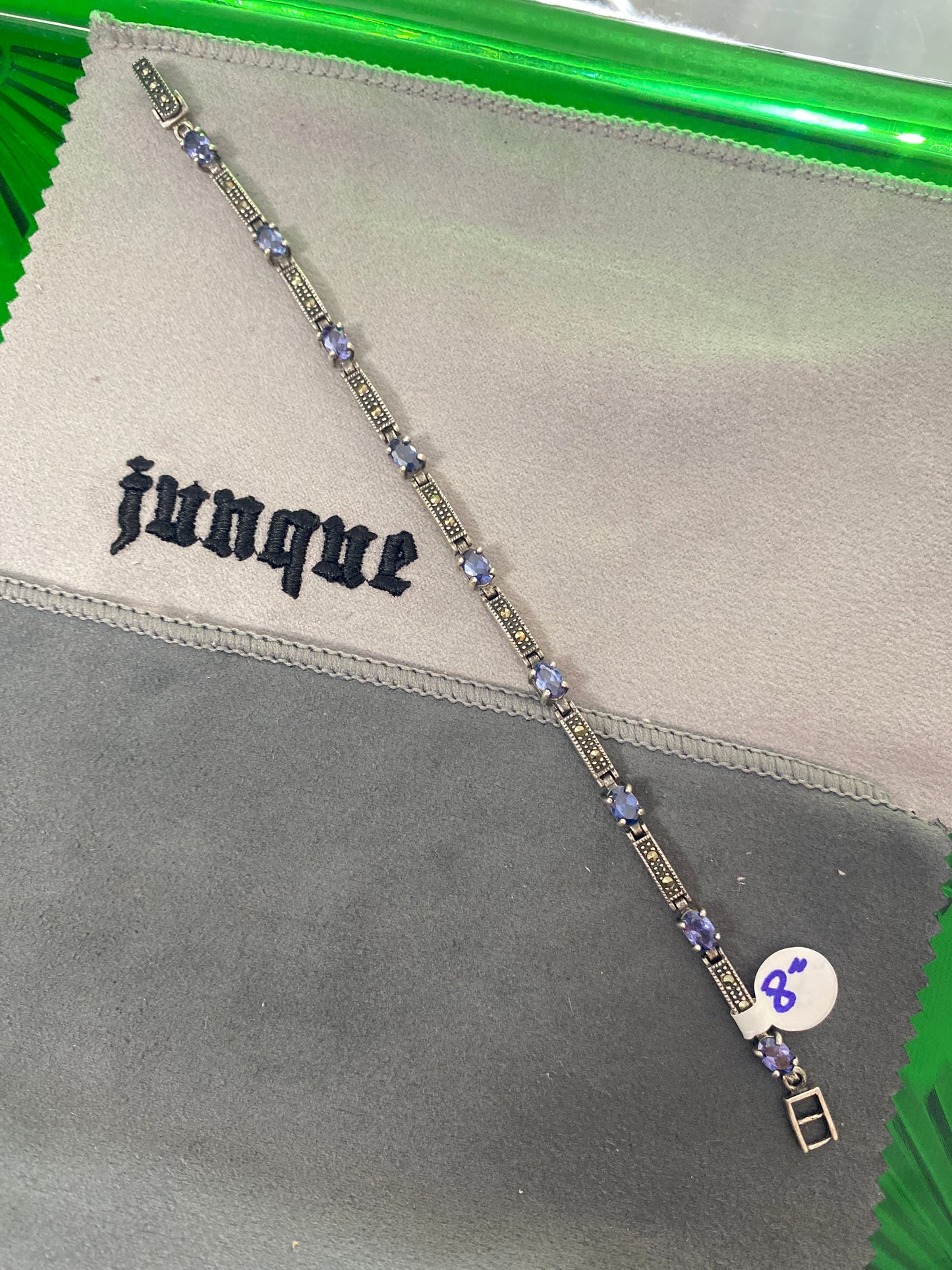 .925 Sterling Silver Onyx Sapphire Bracelet Sz 8”