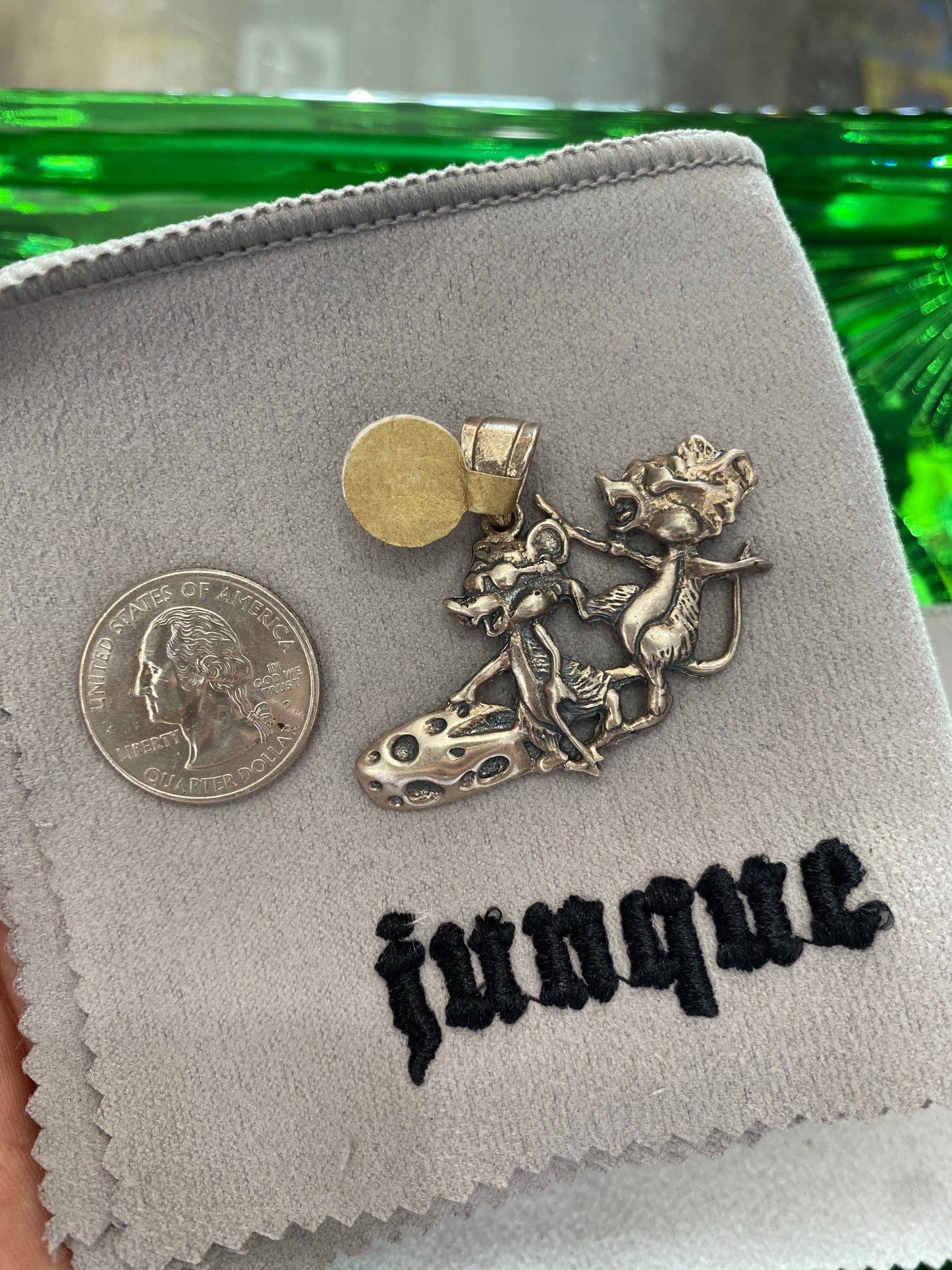 .925 Sterling Silver Rat Mice Mouse Riding Cheese Pendant