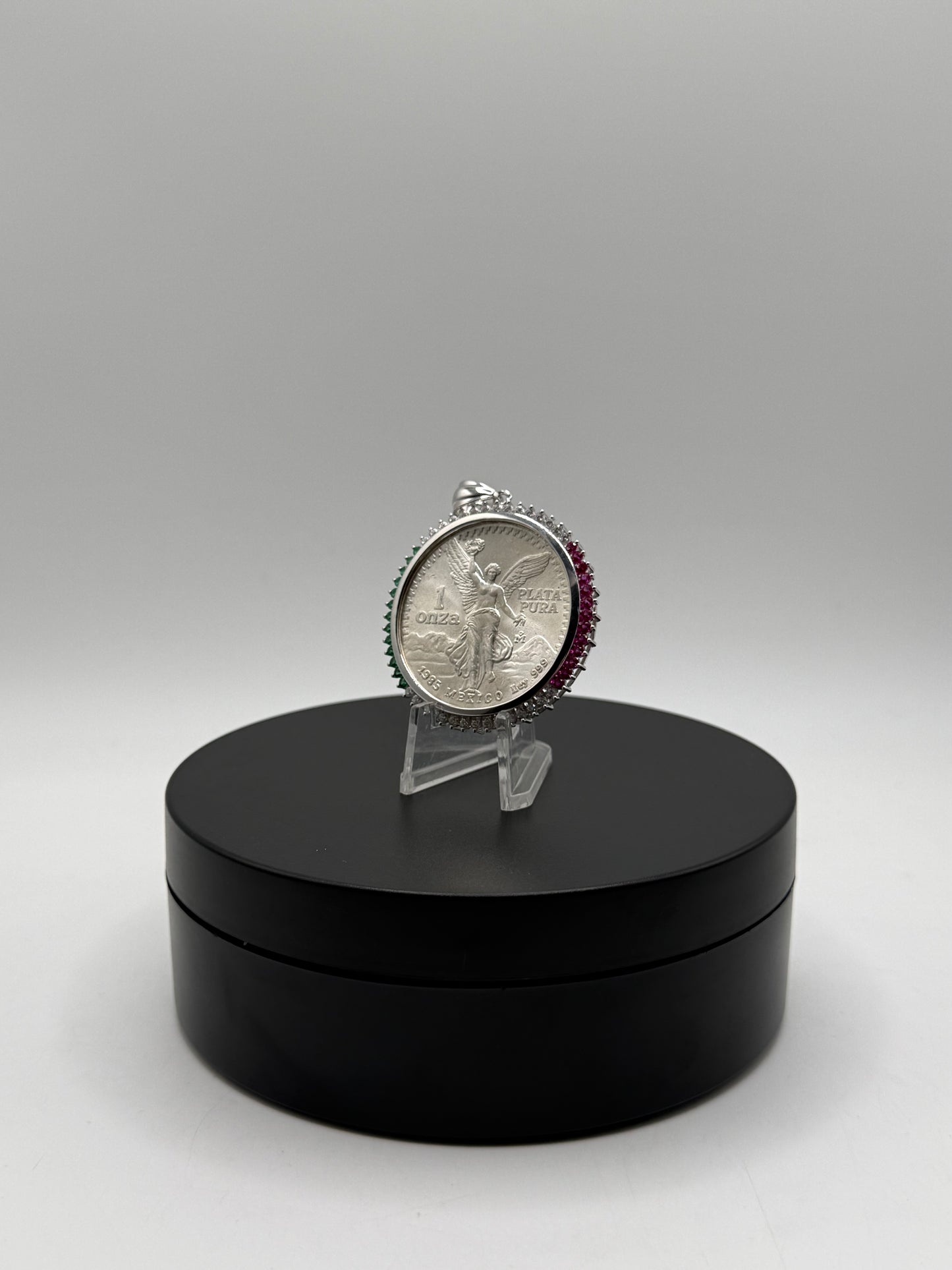 .999 Pure Silver Centenario with Sterling silver Small Red Green Diamond CZ bezel