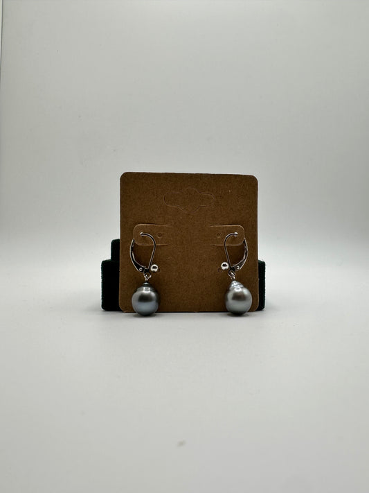 .925 Sterling Silver Black Pearl Drop Leverback Earrings