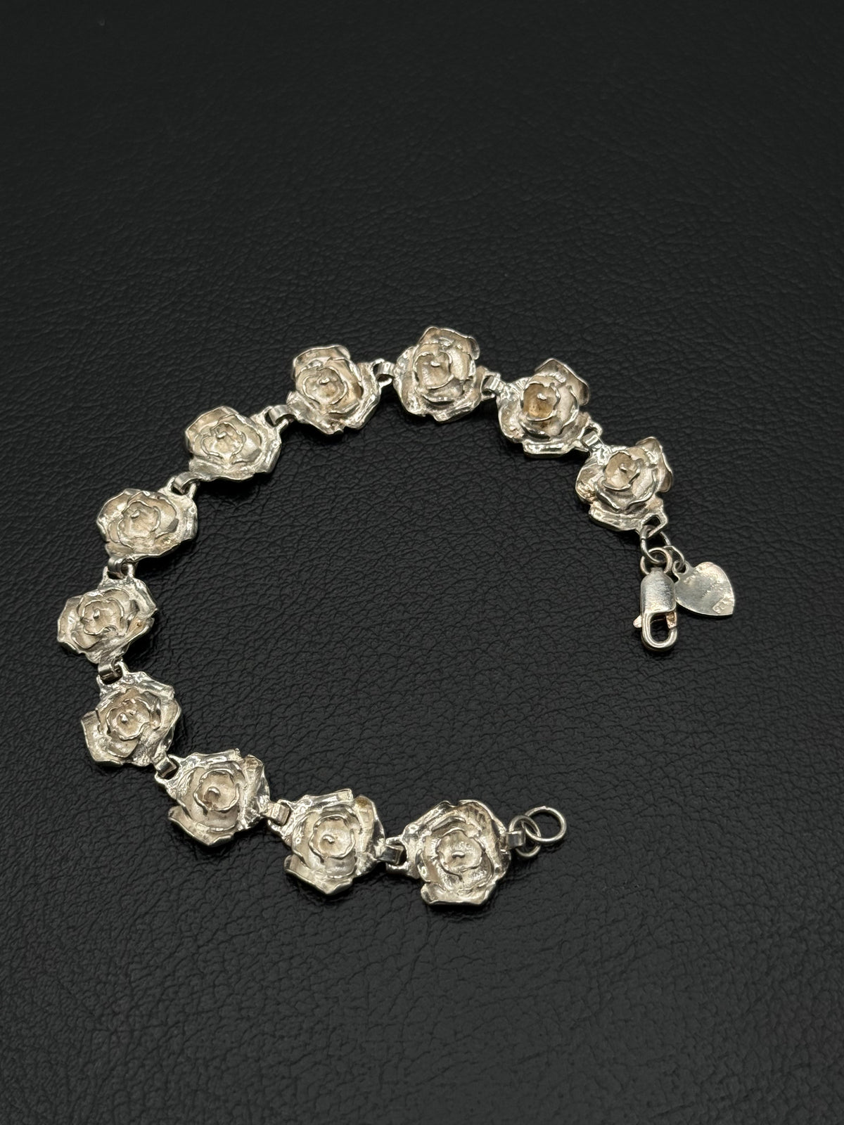 .925 Sterling Silver Rose Flower Link Bracelet with Heart Charm – Romantic Floral Style 7.5”