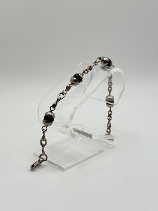 .925 Sterling Silver Beaded Link  with Black Onyx Bracelet 7.5 in